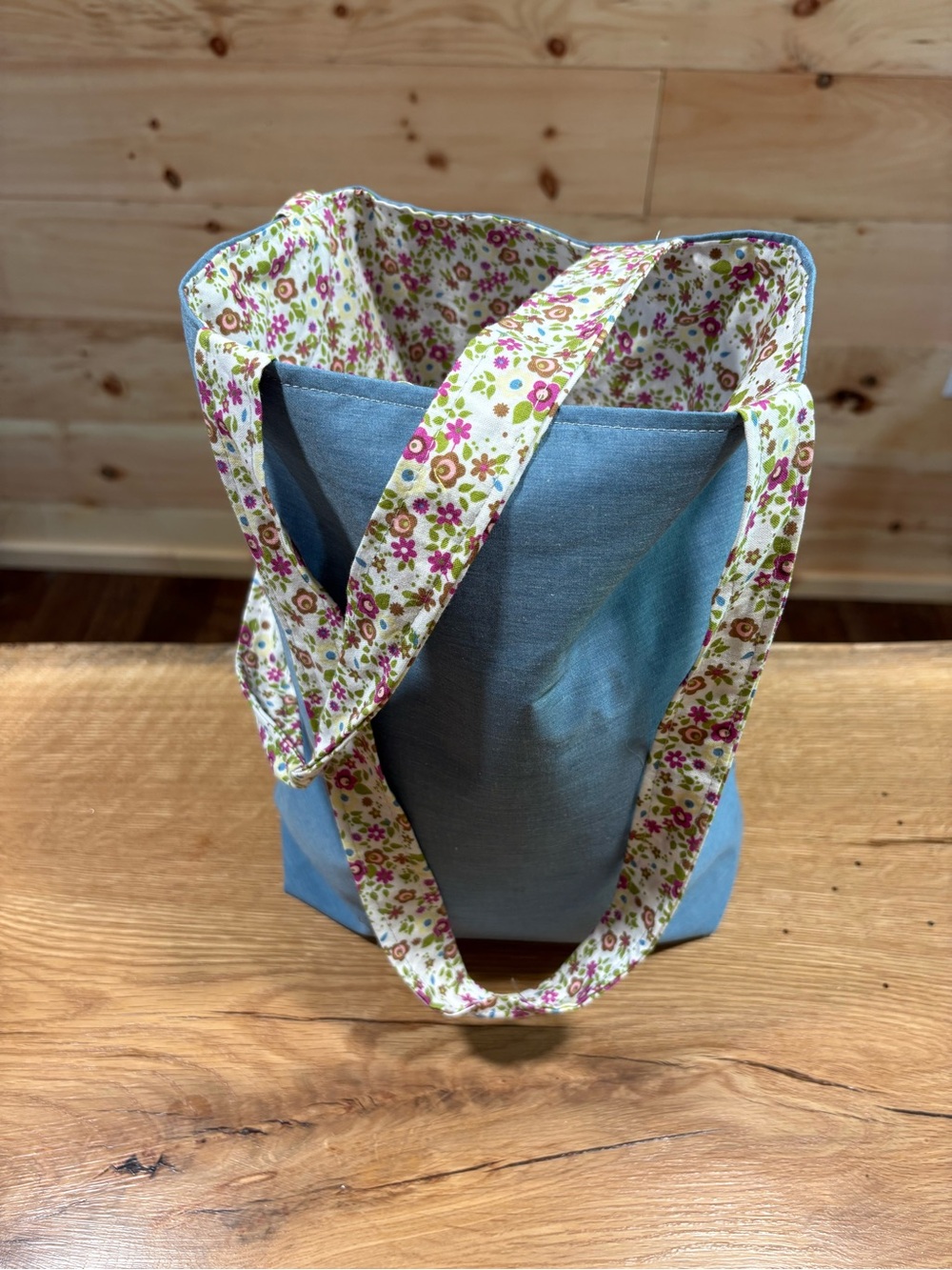Floral-Trim Blue Tote Bag